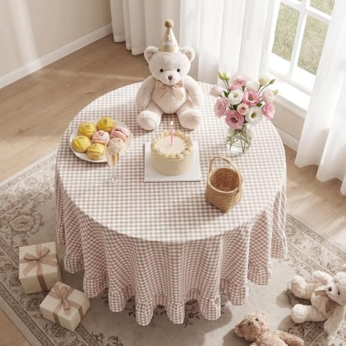 Eternal Beauty Gingham Ruffled Tablecloth Brown Taupe White 70 Round Fall - Image 3