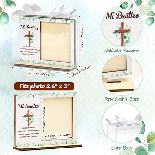 CJiangpo Spanish Baptism Picture Frame - 12 Set Catholic Mi Bautizo Gifts for Baby, Baby Shower Favor Cross Wood Photo Frame with Bows and Clear Plastic Boxes Religious First Communion keepsake - Image 2
