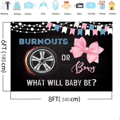 MEHOFOND 8x6ft Burnouts or Bows Gender Reveal Backdrop Black He or She What Will Baby Be Decorations Banner Boy or Girl Gender Reveal Baby Shower Photography Background Cake Table Supplies - Image 4