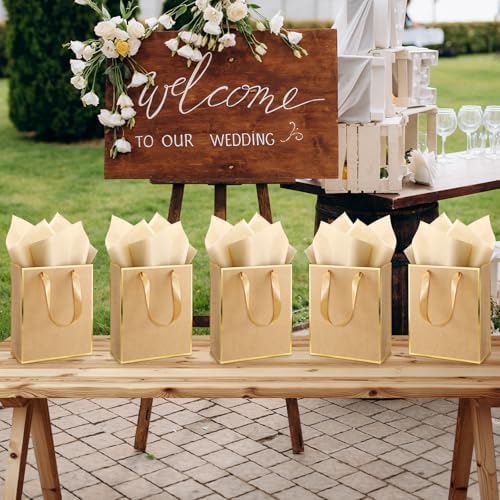 Yeaqee 50 Pcs Metallic Paepr Gift Bags Bulk with Handles,Kraft and Gold - Image 6