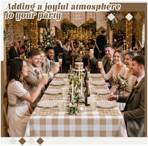 Funnymoom 452 Pcs Brown Gingham Party Supply for 50, Beige Plates Napkins - Image 6