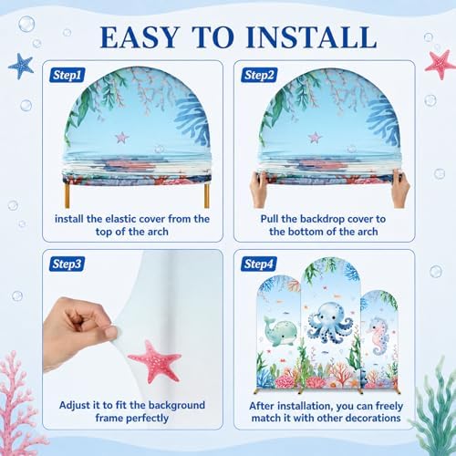 3Pcs Under The Sea Party Decoration Ocean Arch Backdrop Cover Set Underwater Milk Silk Fitted Arch Stand Cover for Summer Marine Theme Birthday Baby Shower Decor Fits 4ft 5ft 6ft - Image 4