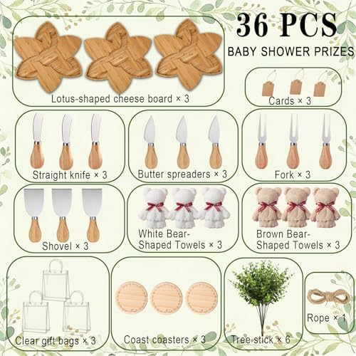 37Pcs Baby Shower Prizes for Game Winners Lotus Cheese Board Fork Butter Spreaders straight knife spatula Coasters Towel Artificial Eucalyptus Stems Cards and Gift Bags for Guests Bridal Birthday,3Set - Image 2