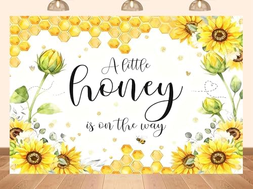 10x8ft Fabric Sunflower Honey Theme Baby Shower Backdrop Banner, Yellow Floral Photography Background with Honeycomb Design, A Little Honey is on The Way Party Decoration by Unknown