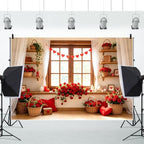 10x5ft Romantic Valentines Day Photography Backdrop Window Scene Red Rose Flower Wicker Basket Heart Garland White Curtain Wooden Shelves Photo Background for Couple Portrait Photo Booth - Image 5