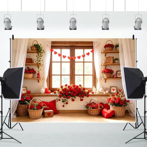 10x5ft Romantic Valentines Day Photography Backdrop Window Scene Red Rose Flower Wicker Basket Heart Garland White Curtain Wooden Shelves Photo Background for Couple Portrait Photo Booth - Image 5
