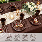 Brown Plastic Plates for Party,30 Guest Disposable Brown Party Supplies Including Dinner&Dessert Plate,12oz Cups,Cutlery,Napkins & Tablecloth Dinnerware Decorations for Birthday Wedding - Image 4