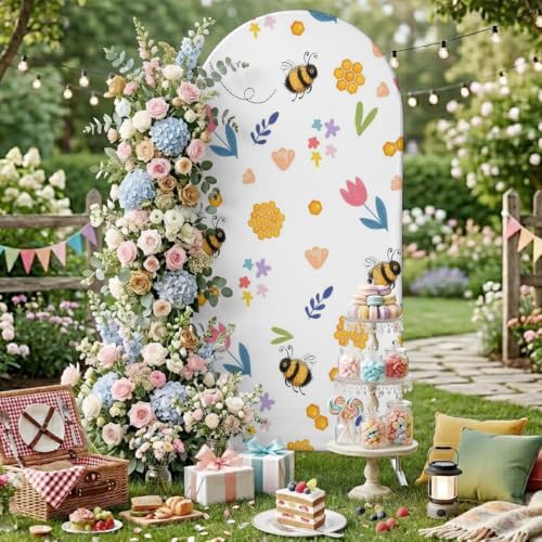 Arch Backdrop Cover for Wedding Spring Flowers Cute Bees 7.2FT Stretch Spandex Party Arch Cover, Fabric Backdrop Banner for Baby Shower, Birthday, Bridal Shower Decor Pink Tulips Honeycombs White - Image 4