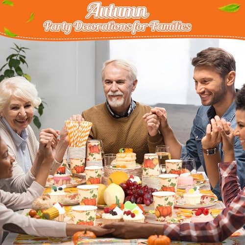 Funnymoom 452 Pcs Thanksgiving Fall Party Decorations for 50, Pumpkin Maple Leaf Thanksgiving Paper Plates Napkins Cups Tablecloth Cutlery Straws for Harvest Autumn Birthday Holiday Party Supplies - Image 4