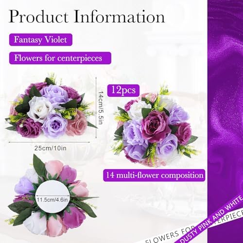 Hotop 12 Pcs Silk Rose Flower Balls,Fantasy Violet - Image 2