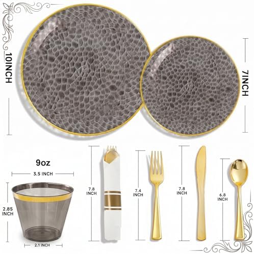 175PCS Black and Gold Plastic Dinnerware Set for 25 Guests, Disposable Plates for Party, Include: 25 Dinner Plates, 25 Dessert Plates, 25 Pre Rolled Napkins with Gold Silverware, 25 Cups - Image 2