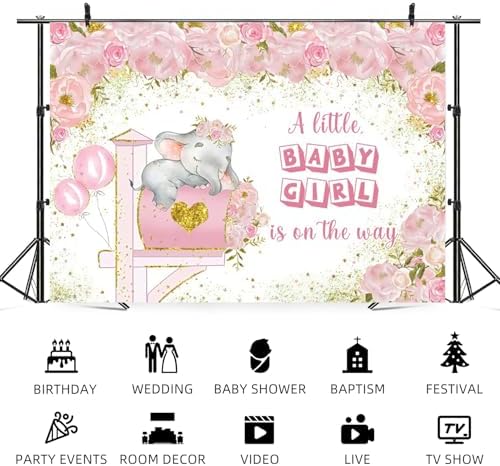 5x4ft Elephant Baby Shower Backdrop A Little Baby Girl is On The Way Photography Background Pink Floral Balloon Mailbox Baby Girls Party Banner Decorations Newborn Portrait Photo Booth Prop - Image 5