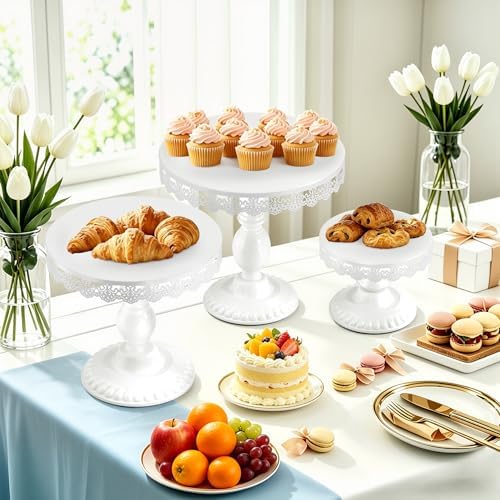 3 PCS White Cake Stands (8"&10"&12" Plate), Cupcake Stand with a lace Hollow Border Metal Cake Stand Set for Birthday Party, Wedding, Anniversary, Baby Shower - Image 5