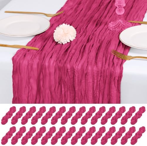 28 Pack Hot Pink Cheesecloth Table Runner 17x108 Inch Semi Sheer Boho Gauze Cheese Cloth Fabric Table Runners, for Wedding Party Baby Shower Birthday Home Decor Garden Farmhouse by Unknown