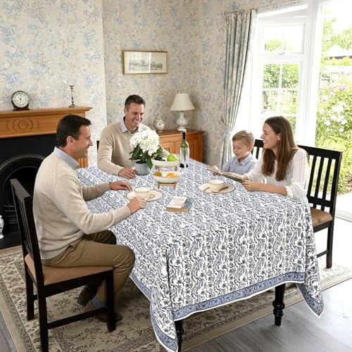 Ridhi Baby Blue Hand Block Print Cotton Tablecloth 190 x 72 Inch Rectangle - Image 3