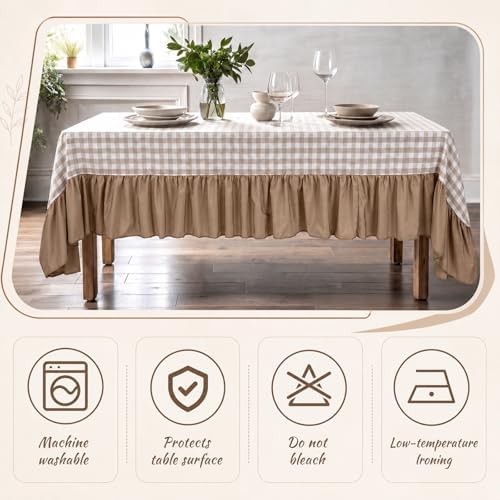 Moukeren 120"x60" Ruffled Tablecloth Table Cover, Khaki White, Gingham - Image 3