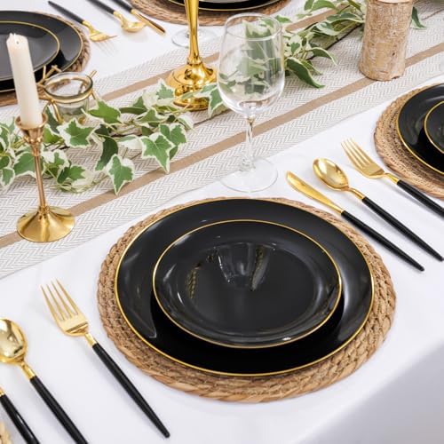 DaYammi 150Pcs Black Plastic Plates with Gold Silverware,Black Disposable Plates Set Included 30 Dinner Plate,30 Dessert plate,30 Knives,30 Forks,30 Spoons,black and gold plates for Party Wedding - Image 5