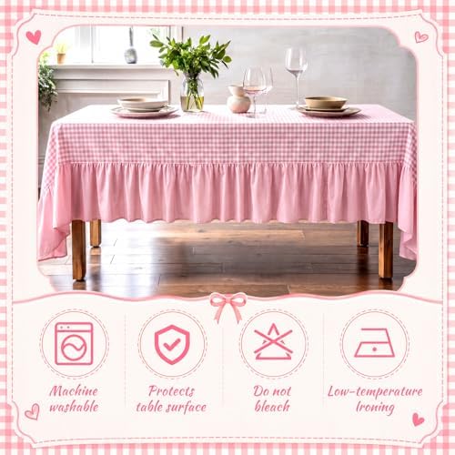 Moukeren 120"x60" Ruffled Tablecloth Table Cover, Pink, Gingham - Image 3