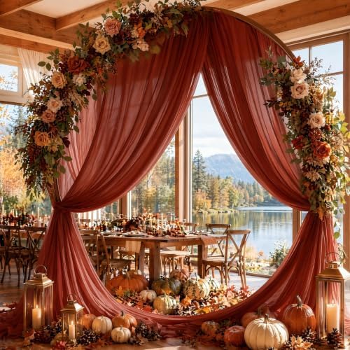 Terracotta Wedding Arch Draping Fabric Sheer Curtain Drapes 4 Panels | 20ft Burnt Orange Extra Long Shimmery Backdrop Curtains for Wedding Anniversary Fall Outdoor Events Drapery Backgrounds - Image 2