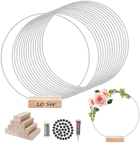 10PCS 12Inch Metal Floral Hoop Centerpiece Table Decorations, Metal Wreath Ring with 10 PCS Place Card Holders, Silver Craft Hoop Rings for DIY Wedding Decorations, and Dream Catchers（Silver） by BIHAIT