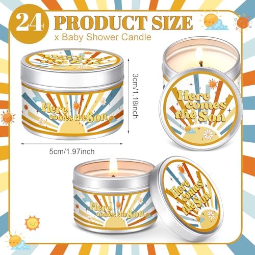 MTLEE Baby Shower Party Favors Candles Lavender Scented Baby Shower Favors for Guests Rustic Tealights Candles Gender Reveal Return Gifts(Yellow,Here Comes the Son,1.2 oz,24 Pcs) - Image 2