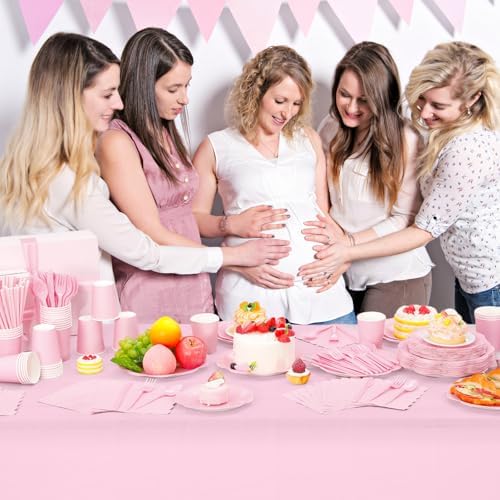 Funnymoom 452 Pcs Pink Party Supplies for 50 Guests, Light Pink Scalloped Paper Plates Napkins Cups Plastic Tablecloth Cutlery Straws for Baby Bridal Shower, Birthday Wedding Party Decoration - Image 6