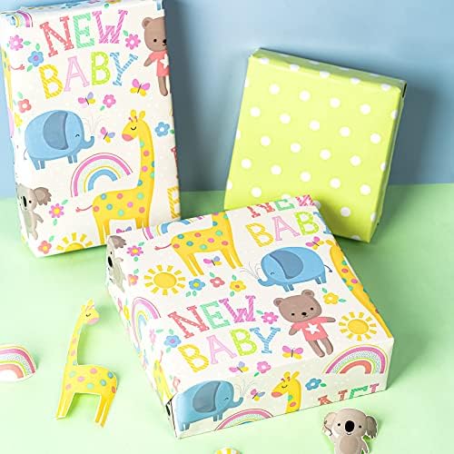 WRAPAHOLIC Jumbo Reversible Baby Shower Wrapping Paper - 30 Inch x 100 Feet - Animals & New Baby Design for Neutral Baby Shower, Boys Girls Kids Birthday - Image 5