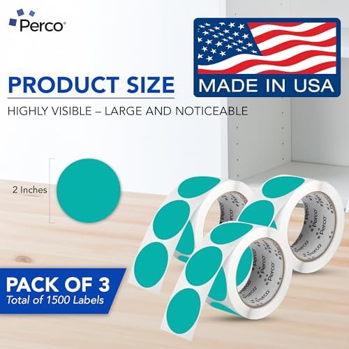 Perco Teal Perforated Round Circle Dot Sticker 2-Inch Labels — 3 Rolls, 1,500 Stickers - Product Labels, Planner Stickers & Modern Organization - Made in USA - Image 2