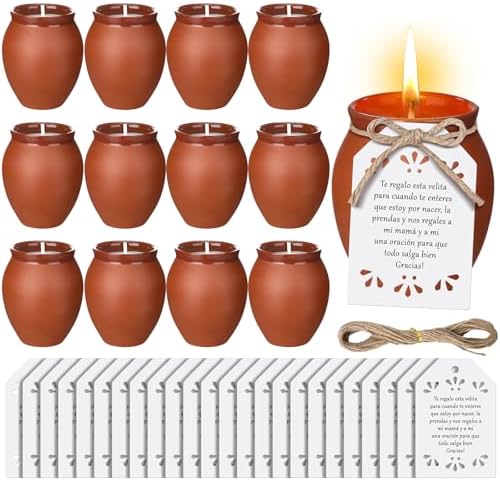 Conelist 12 Set Cielito Lindo Party Decorations Baby Shower Candles Terracotta Mexican Recuerdos DIY Jar Candles with Gift Tags and Rope for Baby Shower Birthday Cinco De Mayo Fiesta (White) by Conelist
