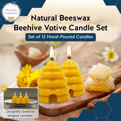 Alternative Imagination Beehive Votive Candles - 12 Pack of Hand Poured Pure Beeswax Candles with Cotton Wicks - Unscented, Non-Toxic, Eco-Conscious Bee Decor and Natural Gifts for Home or Events - Image 2