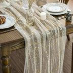 Artoid Mode Beige Gold Gauze Table Runner 120 Inch 10Pcs, Glitter Metallic Foil Sheer Dining Wedding Anniversary Holiday Birthday Table Decor for Home Party by ArtoidMode