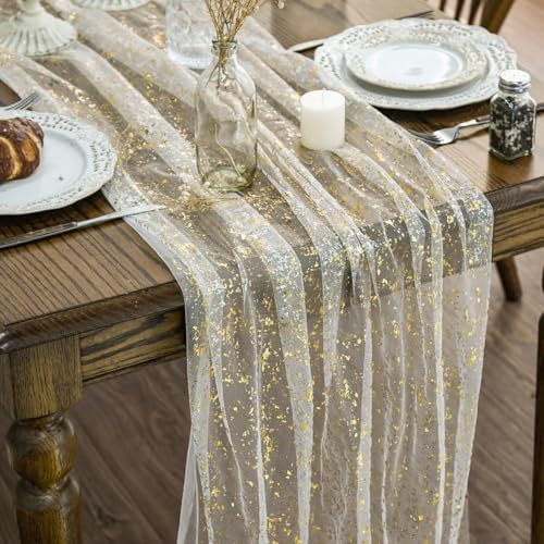 Artoid Mode Beige Gold Gauze Table Runner 120 Inch 10Pcs, Glitter Metallic Foil Sheer Dining Wedding Anniversary Holiday Birthday Table Decor for Home Party by ArtoidMode