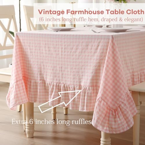 Blush White Gingham Ruffled Table Cloth Rectangular 120“x60” - Image 5
