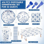 Funnymoom 452 Pcs Blue Floral Plates and Napkins Party Supplies, Scalloped Chinoiserie Blue White Flower Paper Plates Napkins Cups Tablecloth Cutlery Straw for Wedding Bridal Tea Party Decoration - Image 2