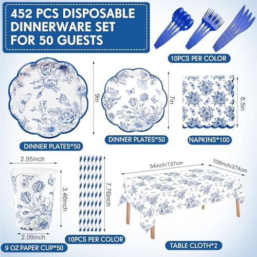 Funnymoom 452 Pcs Blue Floral Plates and Napkins Party Supplies, Scalloped Chinoiserie Blue White Flower Paper Plates Napkins Cups Tablecloth Cutlery Straw for Wedding Bridal Tea Party Decoration - Image 2