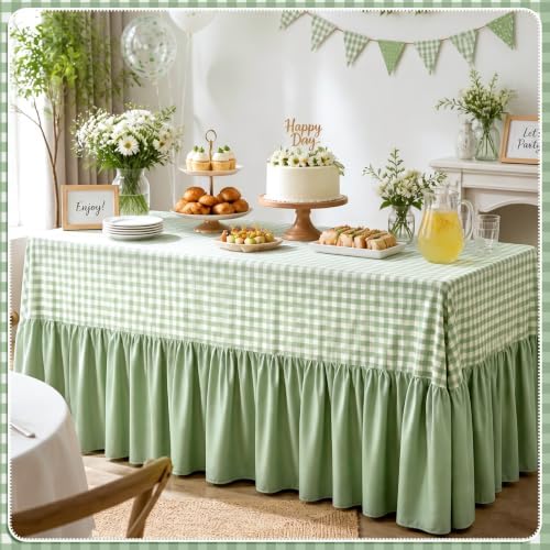 Sage Green Gingham Tablecloth Plaid Ruffled Table Skirt, 132 x 90'' - Image 4