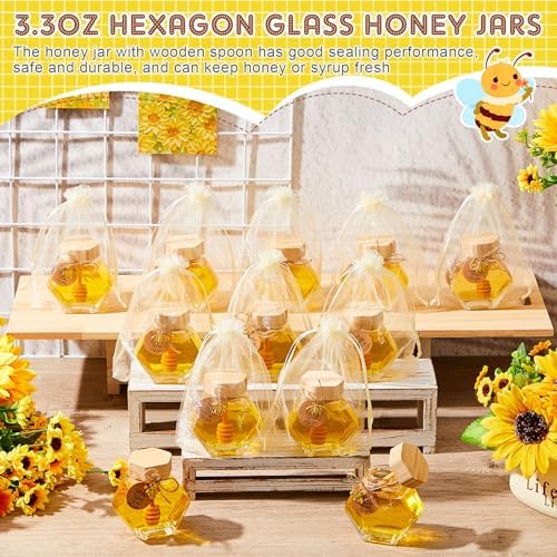 Pickmesh 12 Pcs Hexagonal Glass Honey Jars with Spoon, 3.38 oz Honey Dispenser with Wooden Spoon Bee Charm Thank You Card Organza Bag Mini glass Jars for Baby Shower Wedding Party Favor Decorations - Image 4