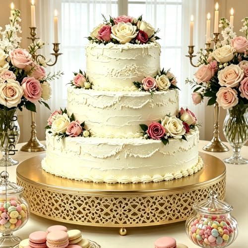 16 Inch Large Gold Cake Stand,Hollow Floral Pattern Round Metal Dessert Stand, Elevated Display Tray for Wedding Receptions, Baby Showers, Birthday Parties, Home Tea Decor - Image 3