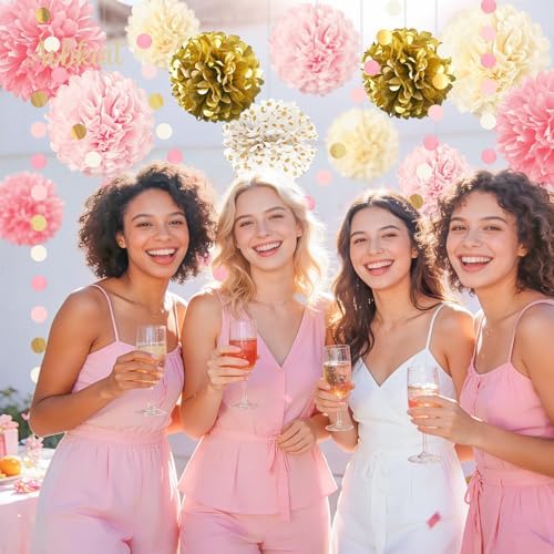 AOBKIAT Pink Gold Party Decorations Set-18 Tissue Paper Pom Poms & 6 Paper Lanterns & 3 Paper Garland Strings for Wedding,Baby Shower,Birthday Party Backdrop & Ceiling Decor - Image 2