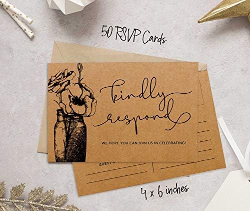 RSVP Postcards (Set of 50) 4"X6" Blank with Mailing Side,RSVP Reply Response Cards for Wedding Floral Kraft Script Style Print Return Cards - Image 4