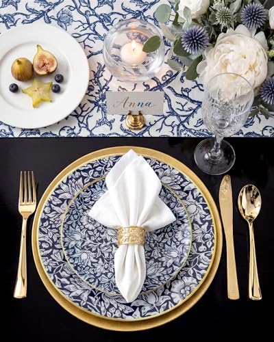 Hioasis Blue Plastic Plates, Blue Floral & Gold Rim, 60 Pcs for 30 Guests - Image 3
