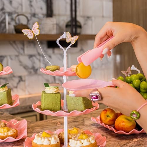 15 PCS Dessert Table Display Set Pink Cupcake Stand,3 Tiered Tray Stand Cup Cake Tower Holder, Cake Stand Serving Trays Dessert Display Stands for Tea Party Wedding Baby Shower Girl-Pink - Image 5