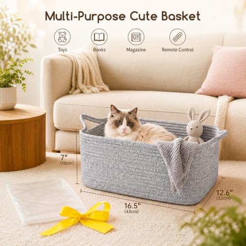 OIASKET Large Empty Cotton Rope Gift Basket with Handles, 16.5"x12.6"x7" Decorative Woven Storage Basket with Gift Bag and Ribbon Set for Baby Shower, Toy Organizer for Kids, Dogs & Cats - Grey - Image 6