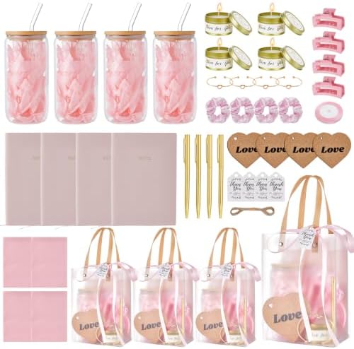 46Pcs Baby Shower Prizes for Game Winners Gifts Wedding Bridal Shower Gifts Including Glass Cans Notebooks Soy Candles Hair Clips for Baby Shower Wedding Bridal Shower Game Prizes (Pink, 4 Sets) by Rigibright