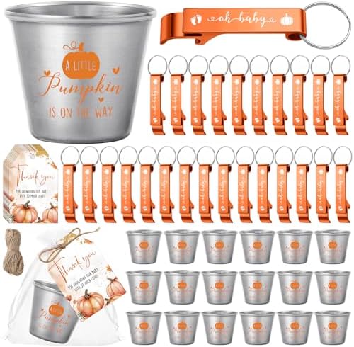 50 Sets Pumpkin Baby Shower Favors for Guests, Little Pumpkin Baby Shower Decorations with 1.5 oz Shot Glasses, Bottle Opener Keychains, Thank You Tags, Organza Bags, Fall Gender Reveal Party Supplies by Vesici