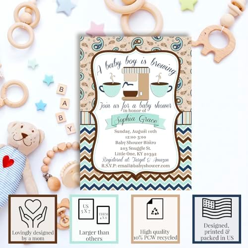 Amanda Creation 20 Custom Baby Shower Invitations with Envelopes – Personalized A Baby is Brewing Coffee Bean Themed Invite Set for Baby Boy, 5x7 Custom Cards, Made in USA - Image 2