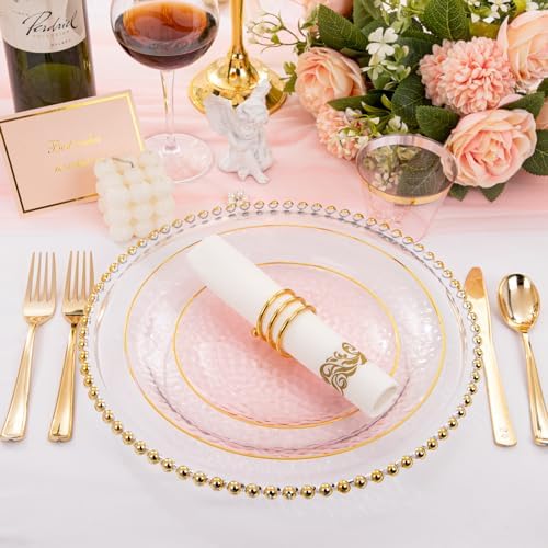 Rubtlamp 175 Pcs Pink Plastic Plates Dinnerware Set (25 Guests), Pink Disposable Plates With Gold Rim, Hammered Party Platos Set Include Dinner Plates, Dessert Plates, Cups, Cutlery for Party - Image 3