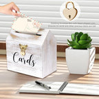 Yamahiko Card Box Wedding Card Box for Reception, Vintage Large Wedding Gift Card Holder Box with Heart Lock, Big Wedding Card Envelope Holder Box with Lid Wood Card Box for Wedding Party, White - Image 2