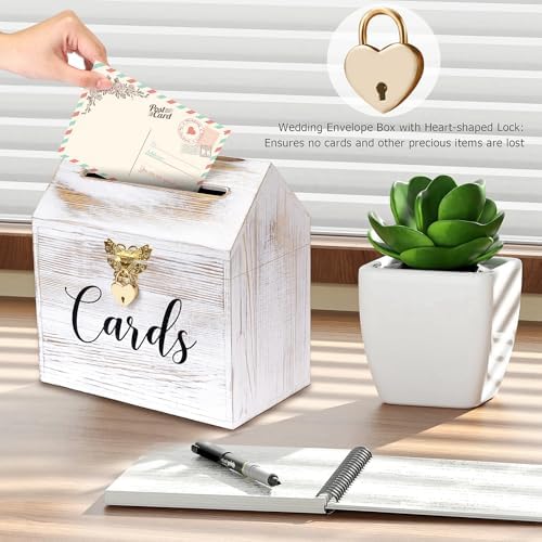 Yamahiko Card Box Wedding Card Box for Reception, Vintage Large Wedding Gift Card Holder Box with Heart Lock, Big Wedding Card Envelope Holder Box with Lid Wood Card Box for Wedding Party, White - Image 2