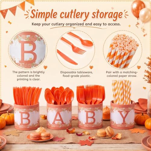Domensi 204 Pcs Baby Shower Disposable Cutlery Set Utensil Holders, Orange - Image 3